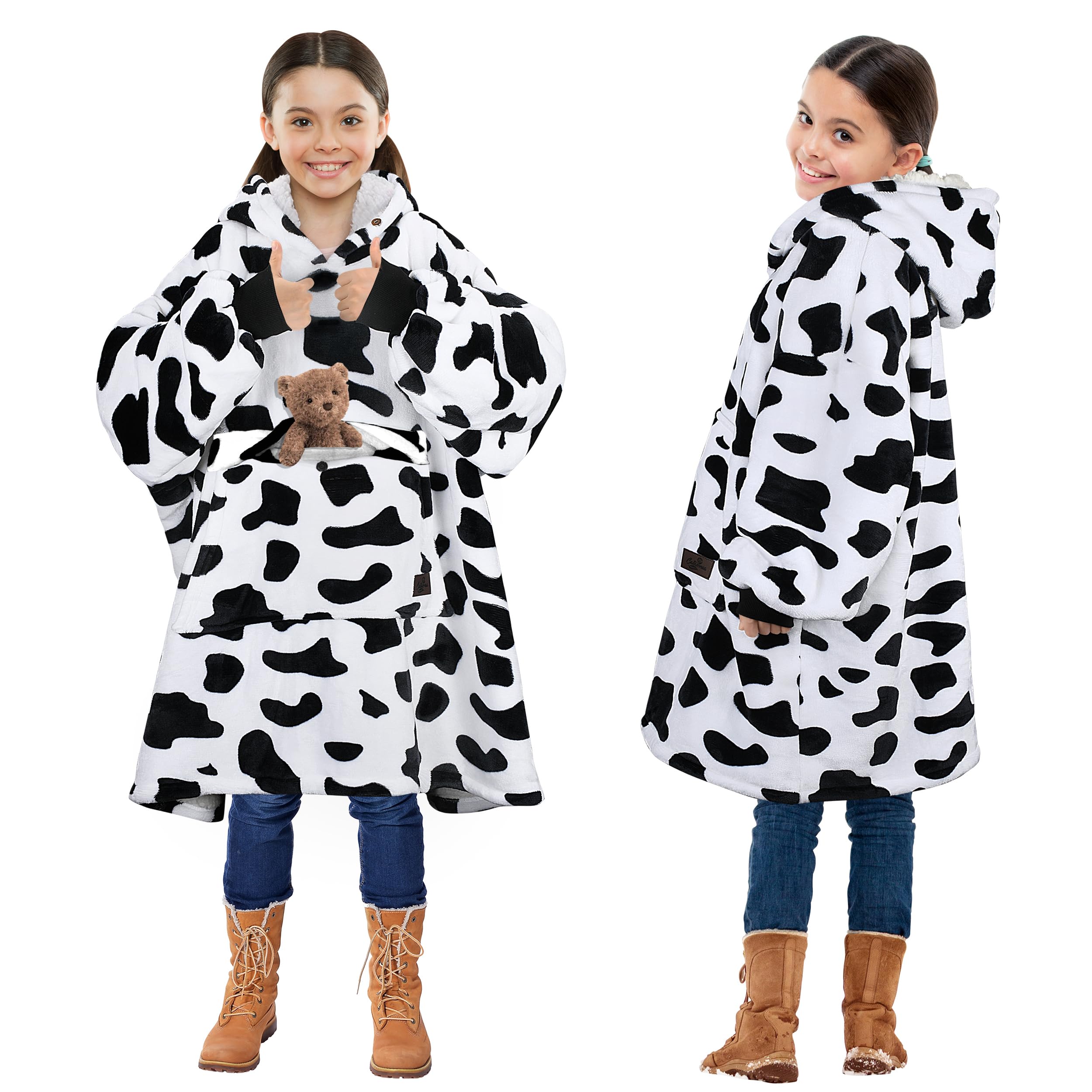 Solaris Cow Wearable Blanket Hoodie For Kids - Warm Soft Gift, Oversized Cozy Sherpa Fleece Sweatshirt Pullover For Teens, Girls